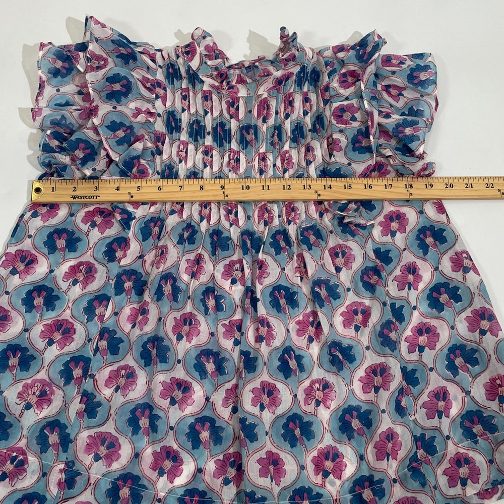 Oliphant Pintuck Ruffle Top Blouse XS 100% Cotton Pink Blue Print EUC - Picture 8 of 12